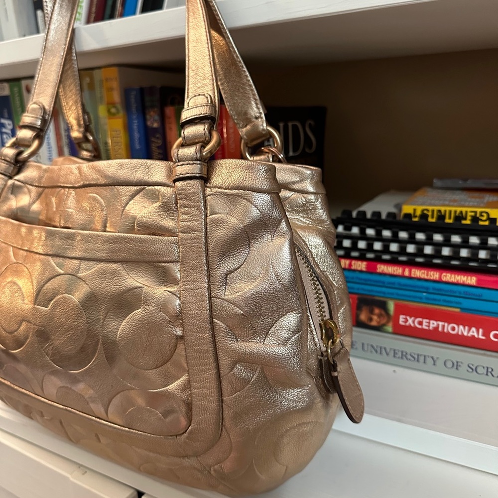 Coach Metallic Rose Gold Signature Leather Shoulder Tote